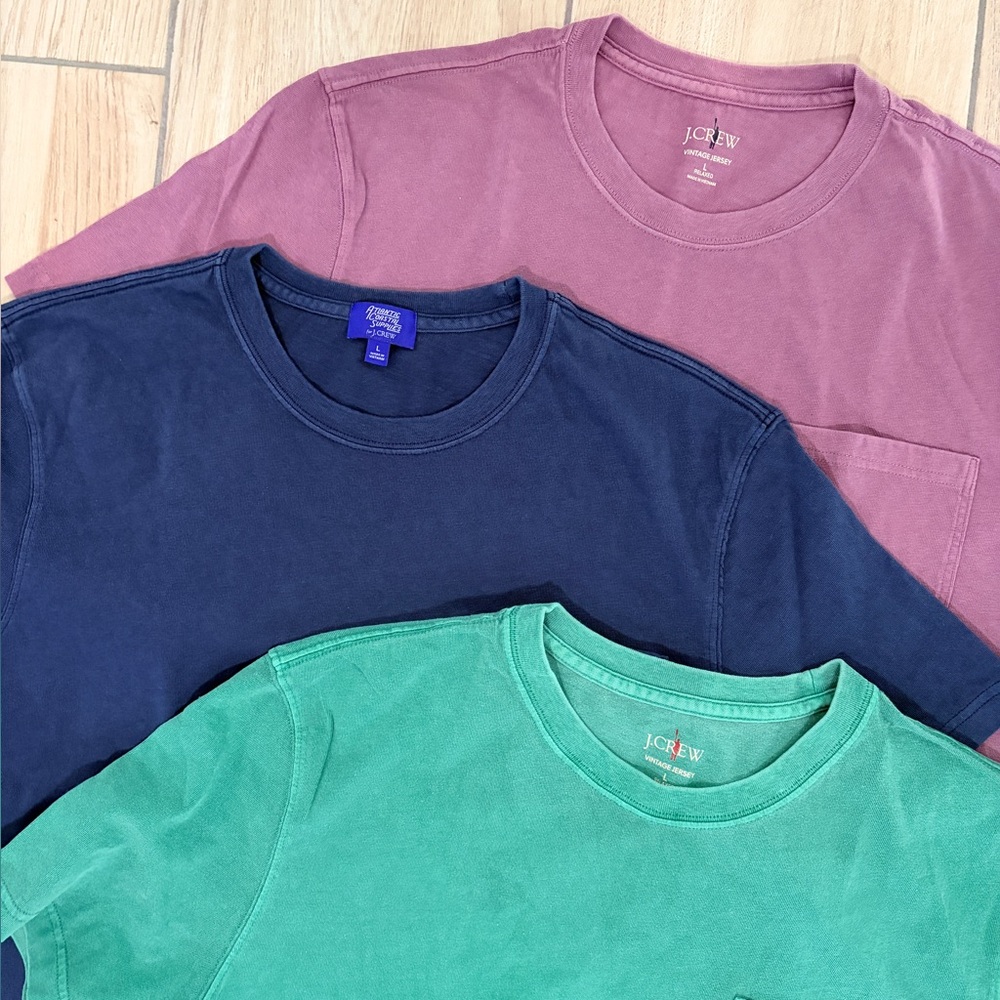 J Crew Lot of 3 Large Vintage Wash Pocket Tees, Classic Fit. Plum, Blue, Green.